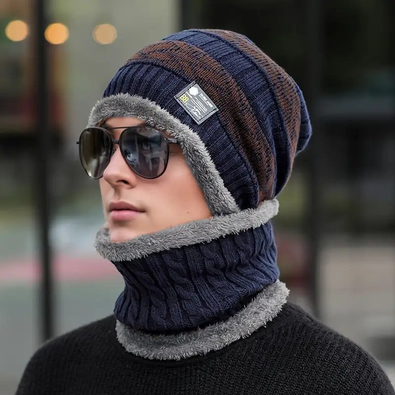 Men's New Fashion Winter Warm Beanie Hat And Scarf Set, Knitted Skull Cap Neck Warmer