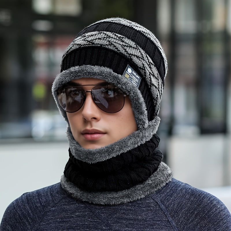 Men's New Fashion Winter Warm Beanie Hat And Scarf Set, Knitted Skull Cap Neck Warmer