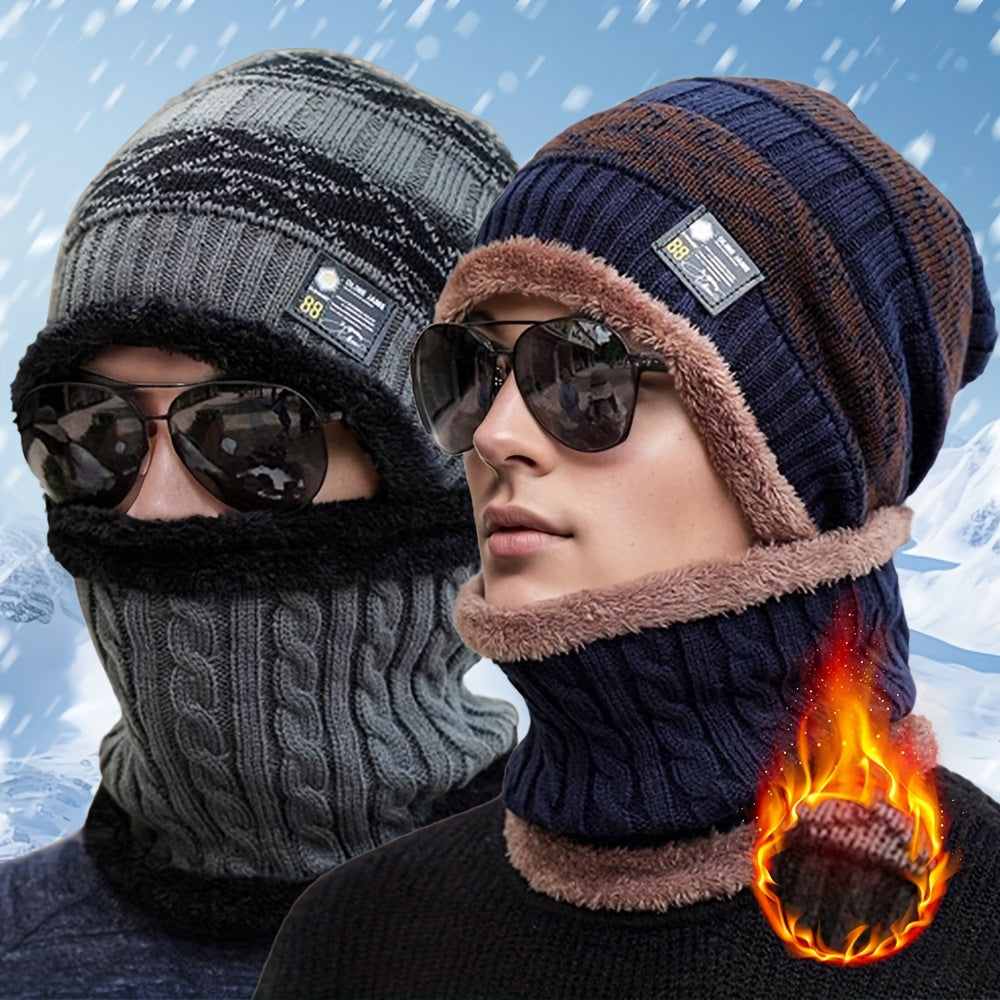 Men's New Fashion Winter Warm Beanie Hat And Scarf Set, Knitted Skull Cap Neck Warmer